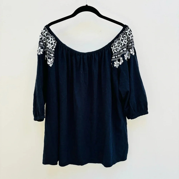 Tommy Hilfiger Floral Embroidered Off The Shoulder Top Peasant Boho Navy 1X NWT - Picture 8 of 14